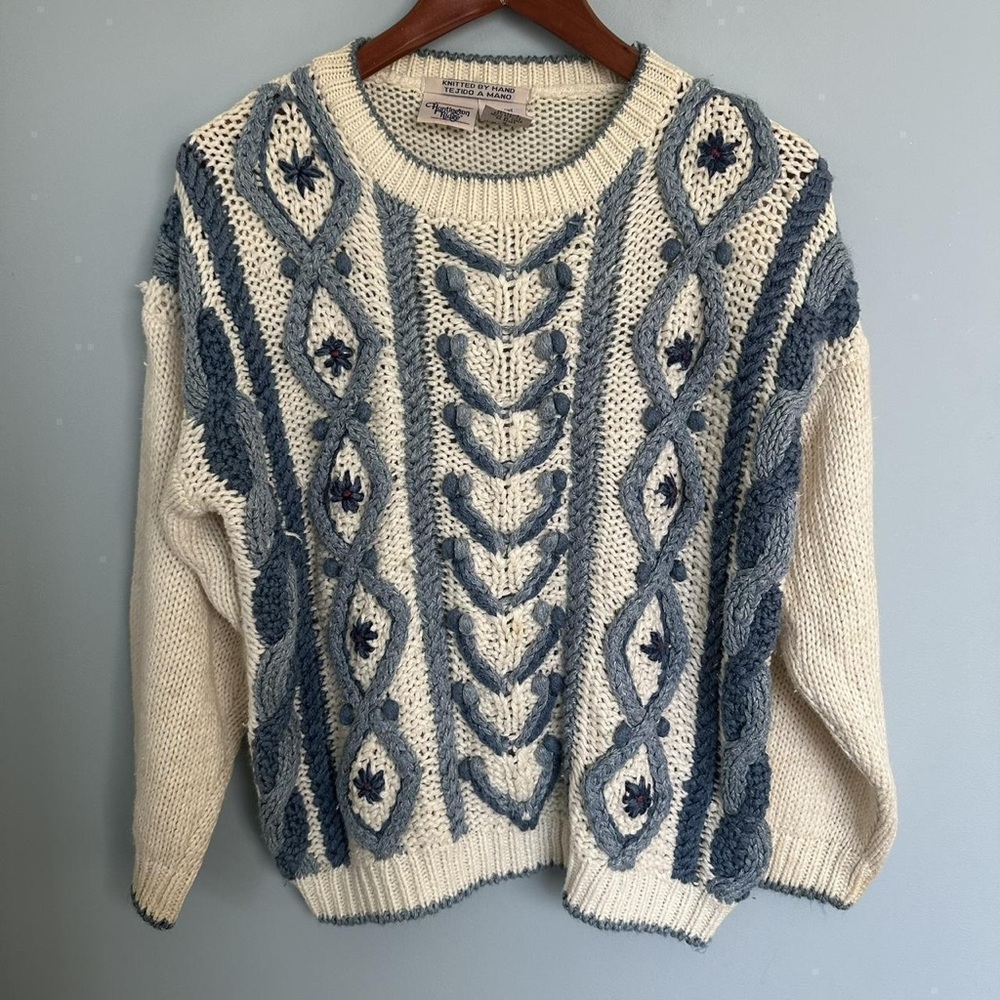 Cozy Knit Sweater in Cream and Blue
